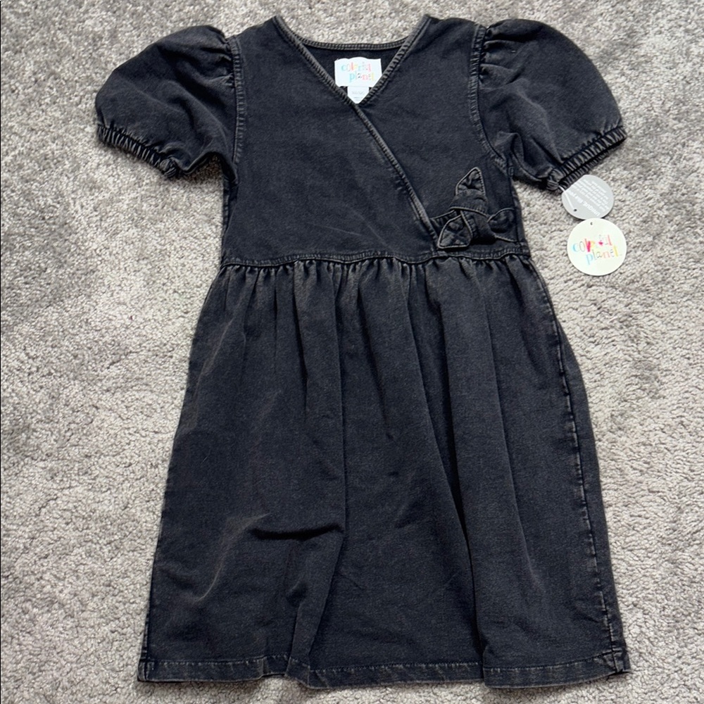 Colorful Planet Girls Acid Wash Black Faux Wrap Dress Size‎ S 6/6X NEW